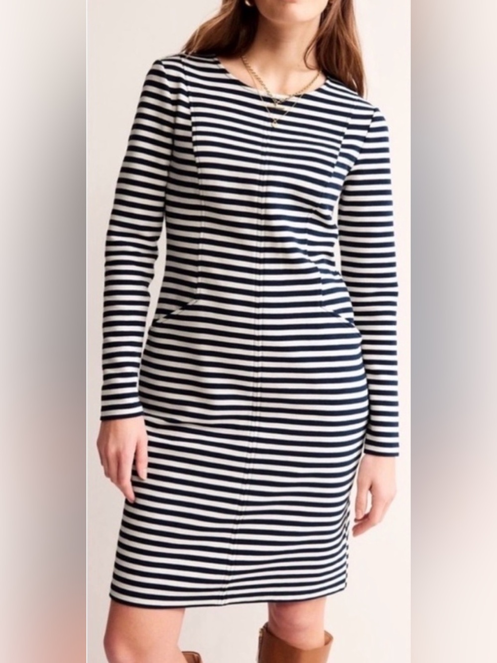 EUC Boden Bronte Ottoman Navy White Stripe Knit Midi Dress Pockets US 12R - Picture 2 of 15